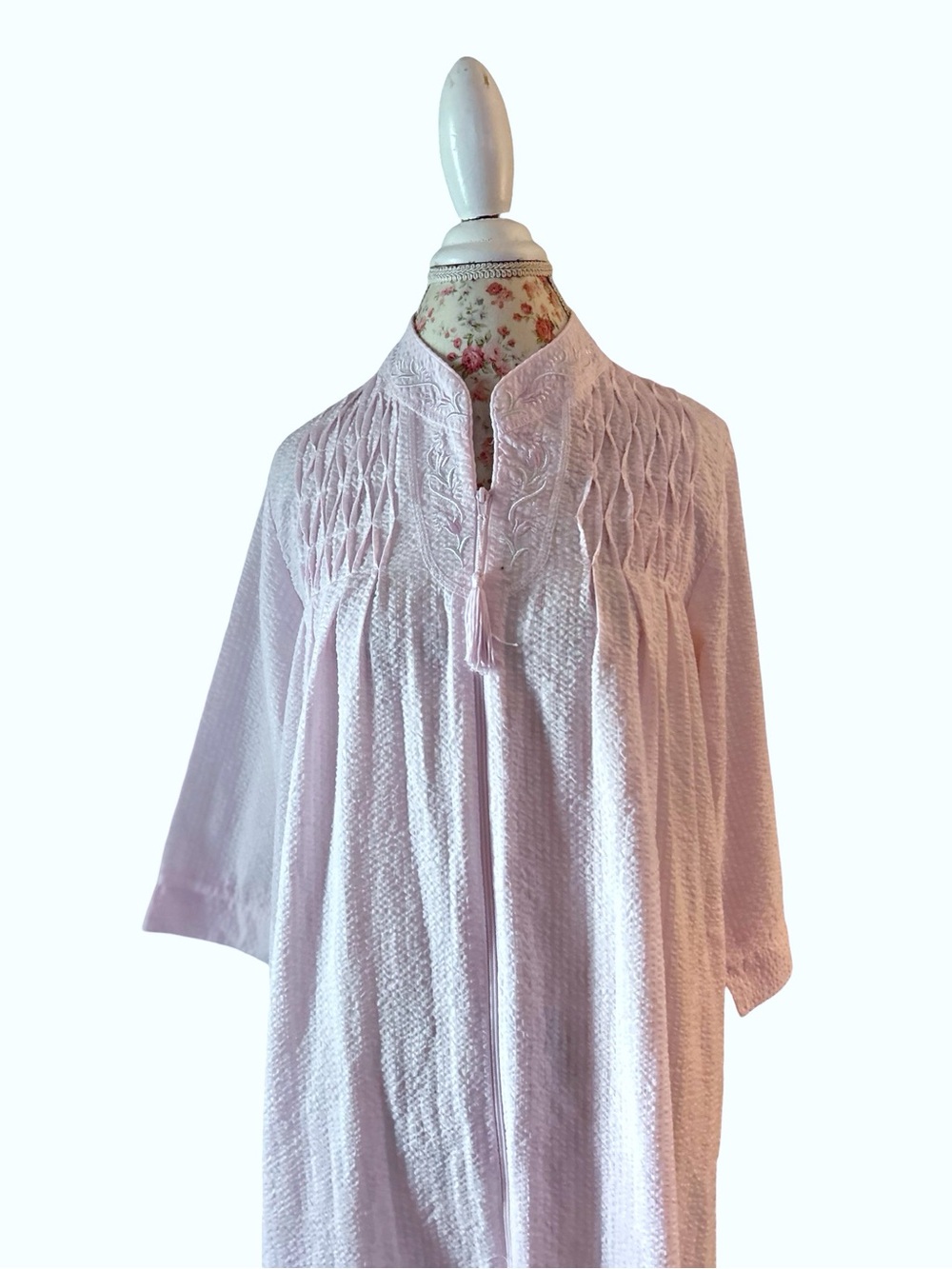 Miss Elaine Seersucker Pink Aqua Embroidered Zip Robe